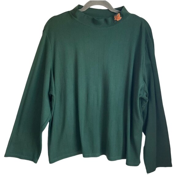 Allison Daley Womens Sz 2X T Shirt Olive Green Mock Neck Embroidered Leaf Fall - Picture 1 of 9